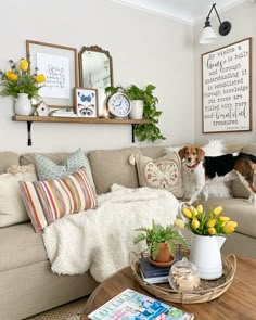 a living room with a dog standing on the couch and flowers in vases next to it