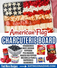 an american flag shaped food board with strawberries, raspberries and other foods