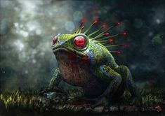 a green frog with red eyes sitting on the ground