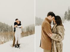 a couple cuddles in the snow while they stand next to each other and kiss