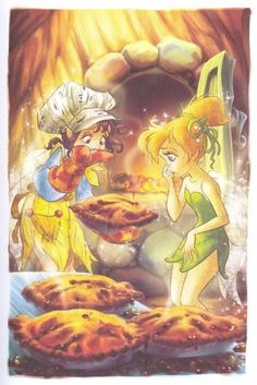 an image of two cartoon characters in front of some pizza pies and one is looking at the other