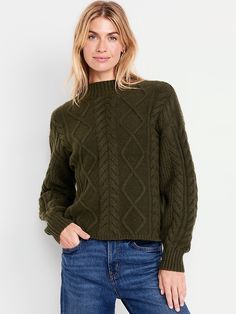 SoSoft Crop Cable-Knit Sweater | Old Navy Green Cable Knit Sweater, Cropped Cable Knit Sweater, Textured Knit Sweater, Cardigan Sweaters For Women, Old Navy Women, Knit Pattern, Cable Knit Sweater, Mock Neck Sweater, Green Sweater