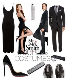 a man in a suit and woman in a black dress are dressed up for halloween