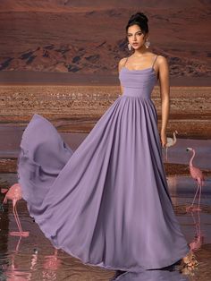 Morado  Collar sin mangas Chifón   Embellished Elástico Ligero Classy Purple Dress, Lilac Gown Dress, Lavender Dress, Lace Evening Gowns, Purple Midi Dress, Lavender Dresses, Women Formals, Fashion 2024, Evening Dresses Elegant