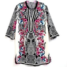 Nwot Ark & Co. Creme And Black Geometric Tunic/Dress/Cover Up Fushia And Blue Floral Creme Embroidered Trim At Neckline,Sleeves, And Hemline 3/4 Sleeves Slits In Sleeve Hem & Bottom Hem 100% Polyester Size Medium Measured Flat Armpit To Pit 22" Length 33" Excellent Used Condition Like New Used For A Photoshoot Smokefree Dress Cover, Tunic Dress, Like New, Cover Up, Womens Dresses, Dresses, Women Shopping, Black