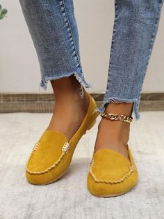 Minimalist Stitch Trim Loafers Cute Flats, Canary Yellow, Drop Shoulder Sweaters, Suede Loafers, Trendy Shoes, Flat Espadrille, Loafers For Women, Keds