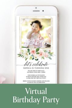 the virtual birthday party is set up on an iphone with pink flowers and greenery