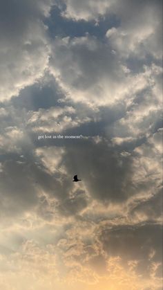 a bird flying high up in the sky with a quote above it that says, get lost in the moment