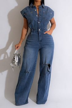 Ripped Retro Wide Leg Denim Jumpsuit Street Fashion Outfits, Chic Clothing Style, Turndown Collar, Chic Clothing, Wide Leg Denim, Denim Jumpsuit, Street Style Outfit, Clothing Styles, Fall 2024