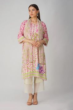 Pink kurta with all over multi color leaf, bird print and scalloped lace sleeve borders. Paired with straight fit pant with sheer border details, printed dupatta with sequin and bead drop tassels. - Aza Fashions Pink Kurta, Kurta Set For Women, Printed Dupatta, Straight Fit Pants, Fashion App, Bird Print, Kurta Set, Scalloped Lace, Bird Prints