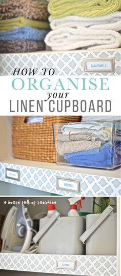 an organized linen cupboard filled with towels and other things to use in the laundry room