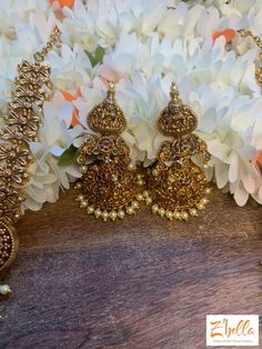 Long necklace with Lakshmi pendent , with jhumka Luxury Chandbali Temple Necklace For Festivals, Luxury Temple Jewelry Style Chandbalis, Plate Size, Facebook Sign Up, Gold Gold, Free Giveaway, Gold Material, Long Necklace, Gold Necklace