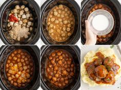 four pictures show the steps to make baked beans and potatoes in slow cooker pots