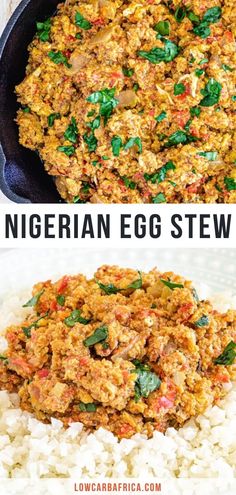 two pictures showing the ingredients for an egg stew in a skillet and on top of rice