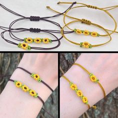 four different bracelets with sunflower beads on each one and the same bead