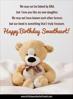 a brown teddy bear sitting on top of a white sheet with the words happy birthday sweetheart