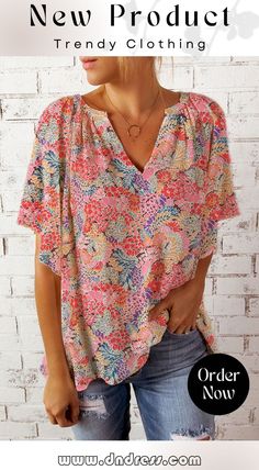 Floral Notched Neck Flutter Sleeve Blouse Summer Vacation Blouse With Butterfly Sleeves, Casual Ruffled Split Neck Blouse, Casual Butterfly Sleeve Blouse For Vacation, Feminine Summer Tops With Split Neck, Summer Beach Blouse With Butterfly Sleeves, Casual Butterfly Sleeve Blouse For Summer, Multicolor Flutter Sleeve Tops For The Beach, Multicolor Flutter Sleeve Tops For Beach, Summer Printed Blouse With Butterfly Sleeves