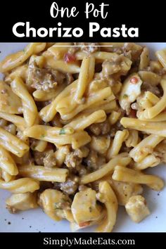 Creamy chicken chorizo pasta on plate. Chicken And Chorizo Pasta, Chorizo Pasta, Pasta Varieties, Chicken Chorizo, Mild Italian Sausage, One Pot Meal, One Pot Pasta, Vegetarian Options, 30 Minute Meals