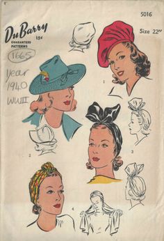 1940 WW2 Vintage Sewing Pattern S22" HAT BERET & TURBAN (1665) | eBay Tie A Turban, 1940s Hats, Hat Beret, Sewing Book, Vintage Hats, Couture Vintage, Women's Hats, Old Fashion, 1940s Fashion