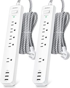 two white surge protectors plugged into each other with one cord connected to the other