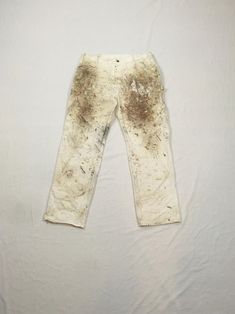 vintage Dickies painter's pants white cotton w/lots of work stains as found  authentic paint splatter/work worn smaller than label tag-see below measures, lying flat, waist-18 1/2 inseam-31" hem-9" outseam-43" hip-24" Distressed White Cotton Bottoms, White Bleached Cotton Jeans, White Bleached Straight Leg Bottoms, Fitted Cotton Bottoms With Paint Splatter, Paint Splatter Pants, Dickies Painter Pants, Painters Pants, Vintage Dickies, Label Tag