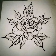 a drawing of a rose with leaves on it