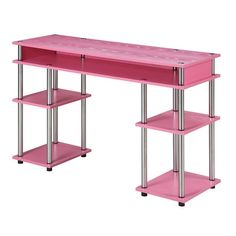 a pink desk with three shelves on each side and one shelf below the desk is metal