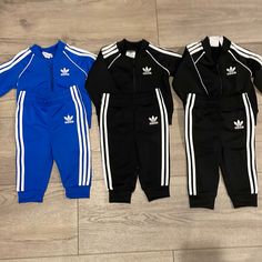 Three Piece Set Six Pieces All Together Three Pants Three Jackets Two Black Sets. One Blue Set These Pieces Are Brand New Never Been Worn. Tags Are Taking Off And I Have Been Washed One Time But They Have Never Been Worn. Size 3 -6 Months Adidas Tracksuit, Tracksuit Set, Black Set, Three Piece, Baby Sets, Black Adidas, Matching Sets, 6 Months, Black Blue