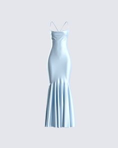 The perfect dress for a dinner date… as long as it's a 5 star 😜 Move with elegance, and ease in this blue, swoop neck, low-back gown complete with crisscross straps with a tie detail 💙 Low Back Gown, Fuzzy Skirt, White Corset Dress, Floral Lace Skirt, Light Blue Dress, Red Mini Skirt, Prom Dress Inspiration, Dinner Date, Teen Fashion Outfits