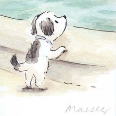 a drawing of a dog on the beach looking out at the water with his paw in its mouth