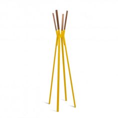 a yellow coat stand with three wooden sticks