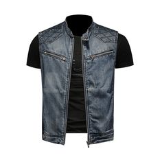 Motorcycle Enthusiasts! Want to create a layered outfit? Classic Straight Hem Denim Vest is a good choice for you. Because wearing a denim vest will expose your underlying shirt or top. An elegant design denim vest, also suitable for parties, outside activities, dates, business work, and other casual occasions in all seasons. Features: 80% cotton, feel soft and comfortable Closure: zipper Collar style: Stand collar Front chest zippers decoration Two outside welt pockets Note: Please check SIZE C Vintage Fashion Design, Vintage Biker Style, Denim Vest Men, Punk Jeans, Denim Jacket Mens, Denim Waistcoat, Biker Denim, Denim Vests, Vintage Denim Shorts