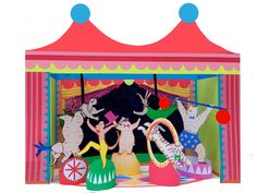 an image of circus scene with clowns and horses