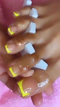 Orange French Tip Toes, Red French Tip Toe Nails, Pink Acrylic Toe Nails, Yellow Toe Nail Designs, Acrylic Toes Black Women, Acrylic Toes Ideas, Toes Ideas, Yellow Acrylic Nails