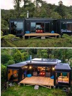 two pictures side by side of a house made out of shipping containers