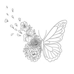 a black and white drawing of a butterfly with flowers in it's back end