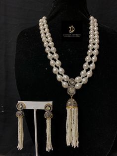 Ready to ship pearl necklace made using cz polki stones with shell pearls 22ct gold plating length on each side is 12 .5 inch on each and can be extended delivered in 3-5 days within USA Gold Plated Jewellery, Pearl Necklace Set, Indian Bridal Outfits, Bridal Outfits, Indian Bridal, Cz Stone, Gold Plated Jewelry, Tassel Necklace, Necklace Set