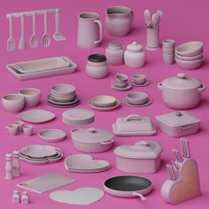 a bunch of white dishes and utensils on a pink background