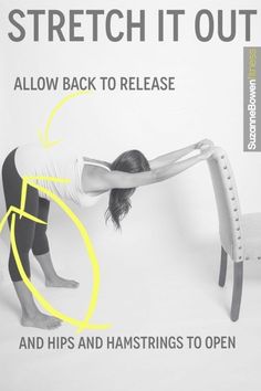 a woman stretching her back with the words stretch it out below to release and tips and hamstrings to open