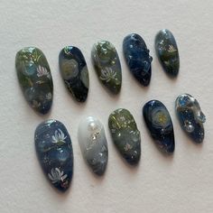 press on nails • nail design art (@oaklestudio) • Instagram photos and videos Nail Inspo Creative, Nail Designs That Go With Everything, Art Museum Nails, Nature Aesthetic Nails, Grunge Fairycore Nails, Art Inspired Nails, Monet Nail, Monet Nails