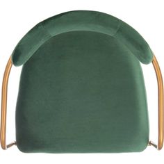 the back of a green velvet chair with gold metal frame and arm rests on a white background