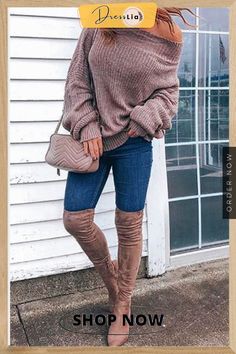 Off Shoulder Puff Sleeve Sweater Thigh High Boots Outfit, Fall Fashion Coats, Mode Casual, Cute Fall Outfits, Casual Winter Outfits, Inspired Outfits, Fall Fashion Outfits, Winter Outfits Women, Outfits Casual