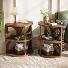 two round wooden tables sitting next to each other on top of a carpeted floor