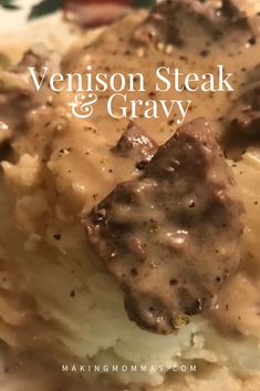 a plate topped with meat and gravy covered in gravy on top of mashed potatoes