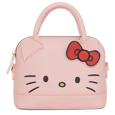 a pink hello kitty purse with a red bow on the top and black eyes,