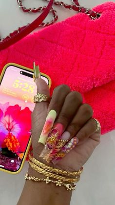 Red Bling Acrylic Nails, Sagittarius Nails, Junk Nails, Encapsulated Nails, Boho Nails, Punk Nails, Colored Acrylic Nails, Glow Nails, Long Acrylic Nails Coffin