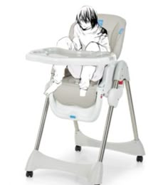 a baby sitting in a high chair with its foot on the seat and head down