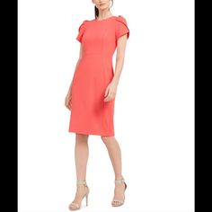 Nwt Calvin Klein Sheath Tulip Sleeve Pink Peach Dress Size 16 The Traditional Sheath Dress Gets A Major Makeover. Calvin Klein Modernizes The Look With Pretty Tulip Sleeves. Scoop Neckline; Sheath Silhouette Back Zipper Closure Short Tulip Sleeves Unlined Polyester/Spandex Dry Clean Imported Elegant Fitted Peach Midi Dress, Pink Sheath Midi Dress For Formal Occasions, Pink Sheath Midi Dress For Formal Events, Feminine Fitted Calvin Klein Midi Dress, Calvin Klein Fitted Feminine Midi Dress, Feminine Calvin Klein Knee-length Midi Dress, Calvin Klein Feminine Knee-length Midi Dress, Calvin Klein Pink Knee-length Dress, Floral Work Dress