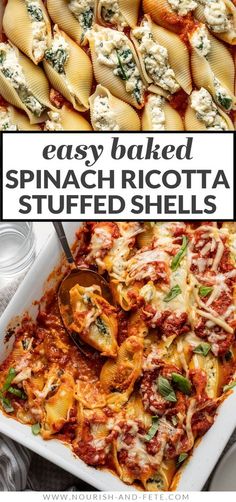 easy baked spinach and ricotta stuffed shells in a white casserole dish