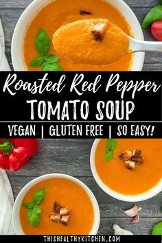 two bowls of roasted red pepper tomato soup with basil leaves and tomatoes in the background